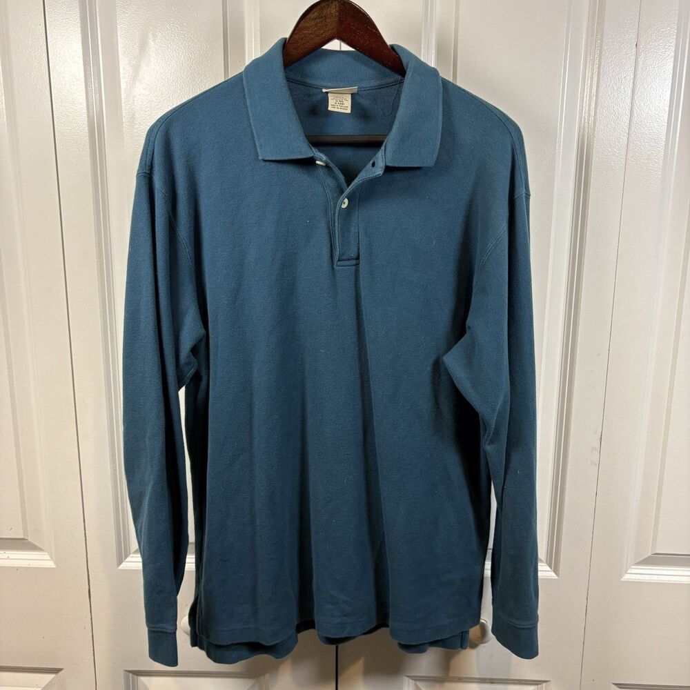 LL Bean Mens M Long Sleeve Polo Shirt Teal Blue 100% Cotton Classic Fit